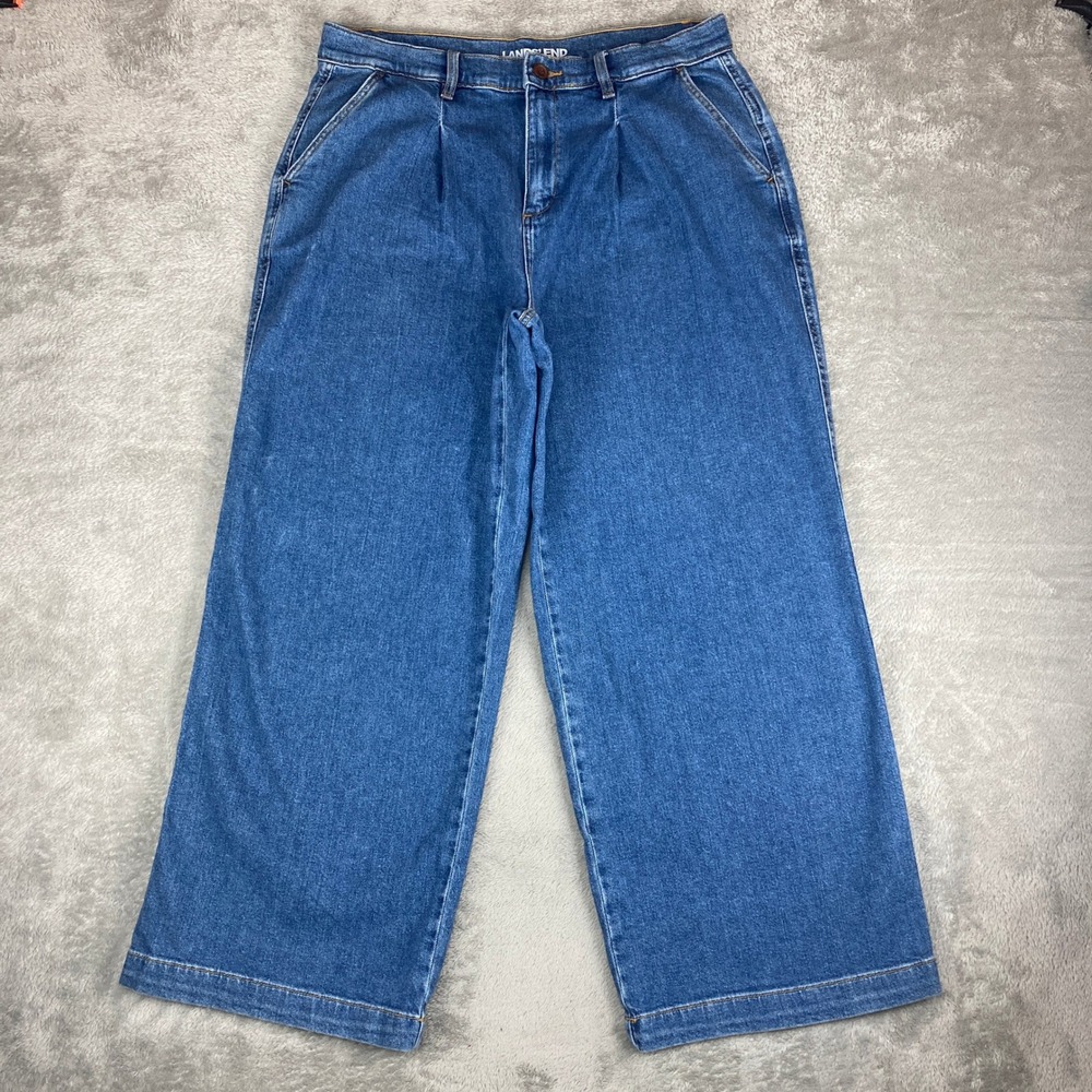 Lands End Jeans Womens Size 16 Petite Blue Denim Wide Leg Crop‎